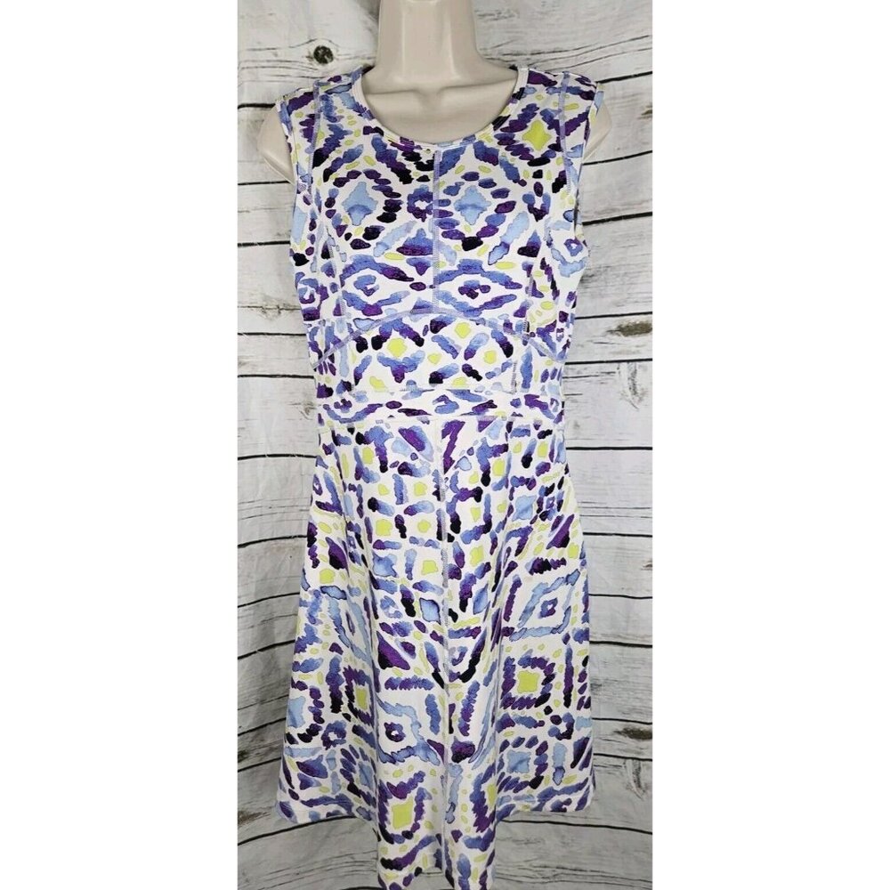 Title Nine Purple Print Dress S Knit Cap Sleeve Dream Fabric Womens